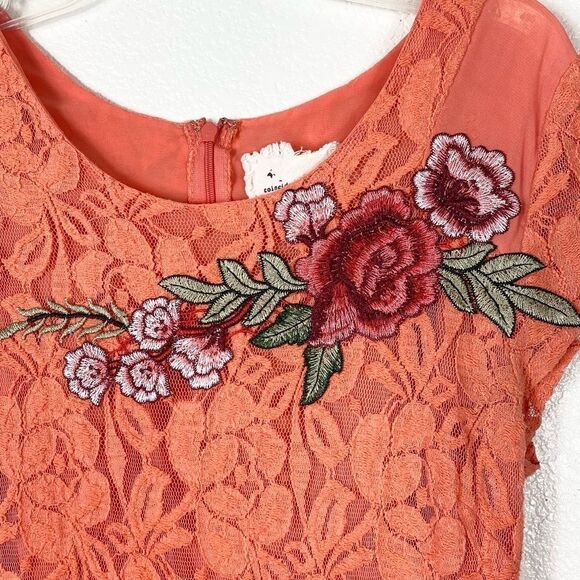 Anthro Orange Floral Embroidered Lace Mini A Line Dress - Picture 3 of 7